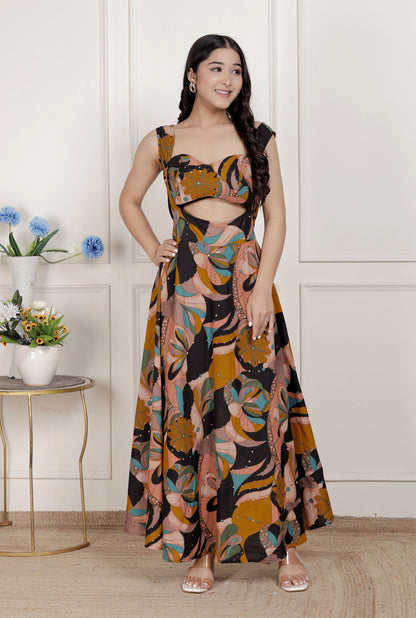 Miravan Womens Black Pure Cotton Floral Printed Sleeveless Cut Out Detail Western Dress