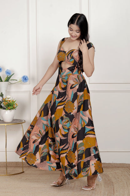 Miravan Womens Black Pure Cotton Floral Printed Sleeveless Cut Out Detail Western Dress