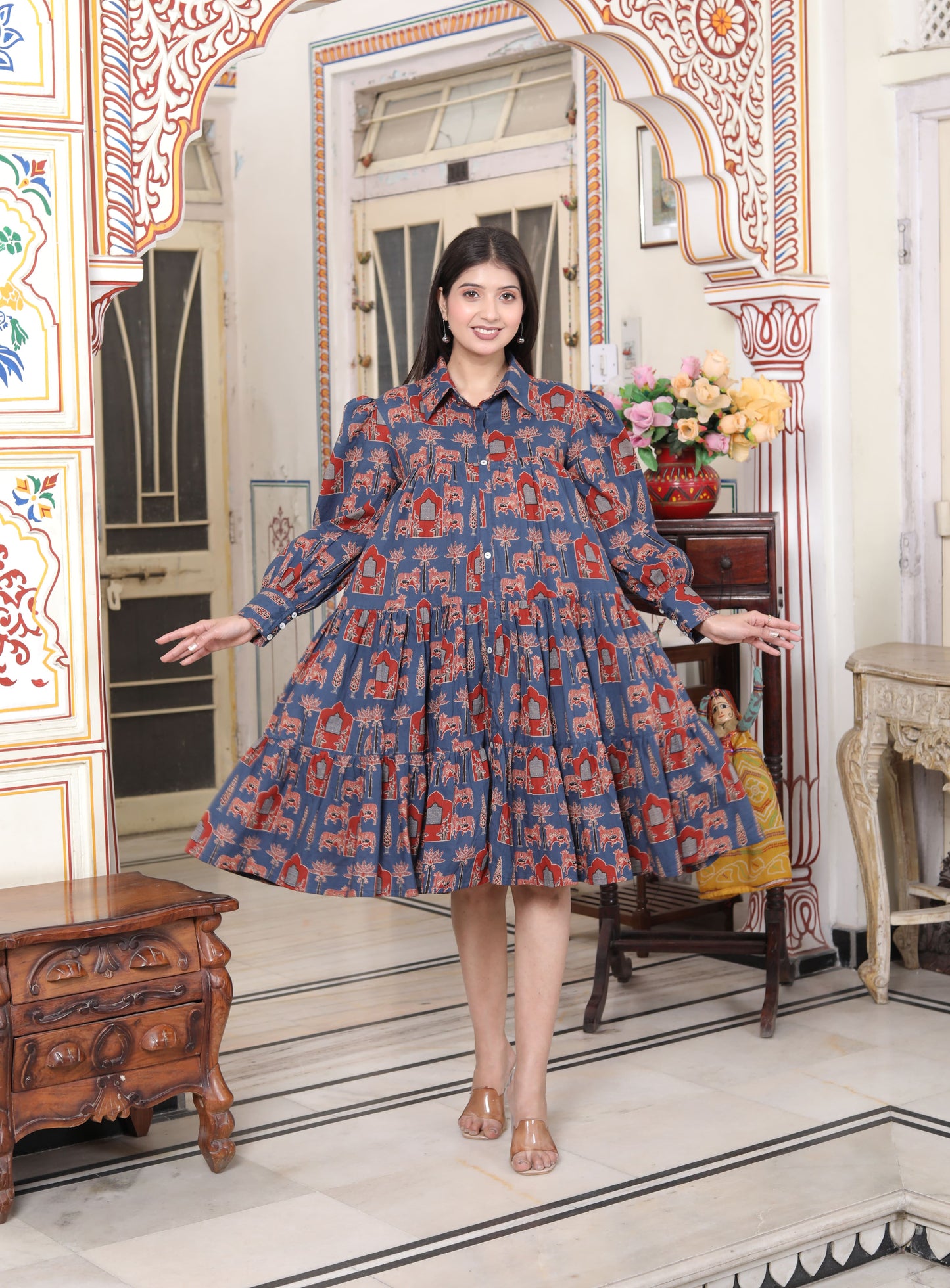 Miravan Womens Blue And Red Animal Print Loose Fit Tiered A-Line Shirt Dress