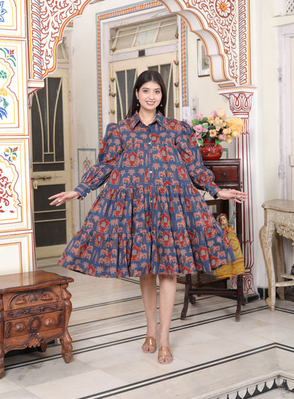 Miravan Womens Blue And Red Animal Print Loose Fit Tiered A-Line Shirt Dress