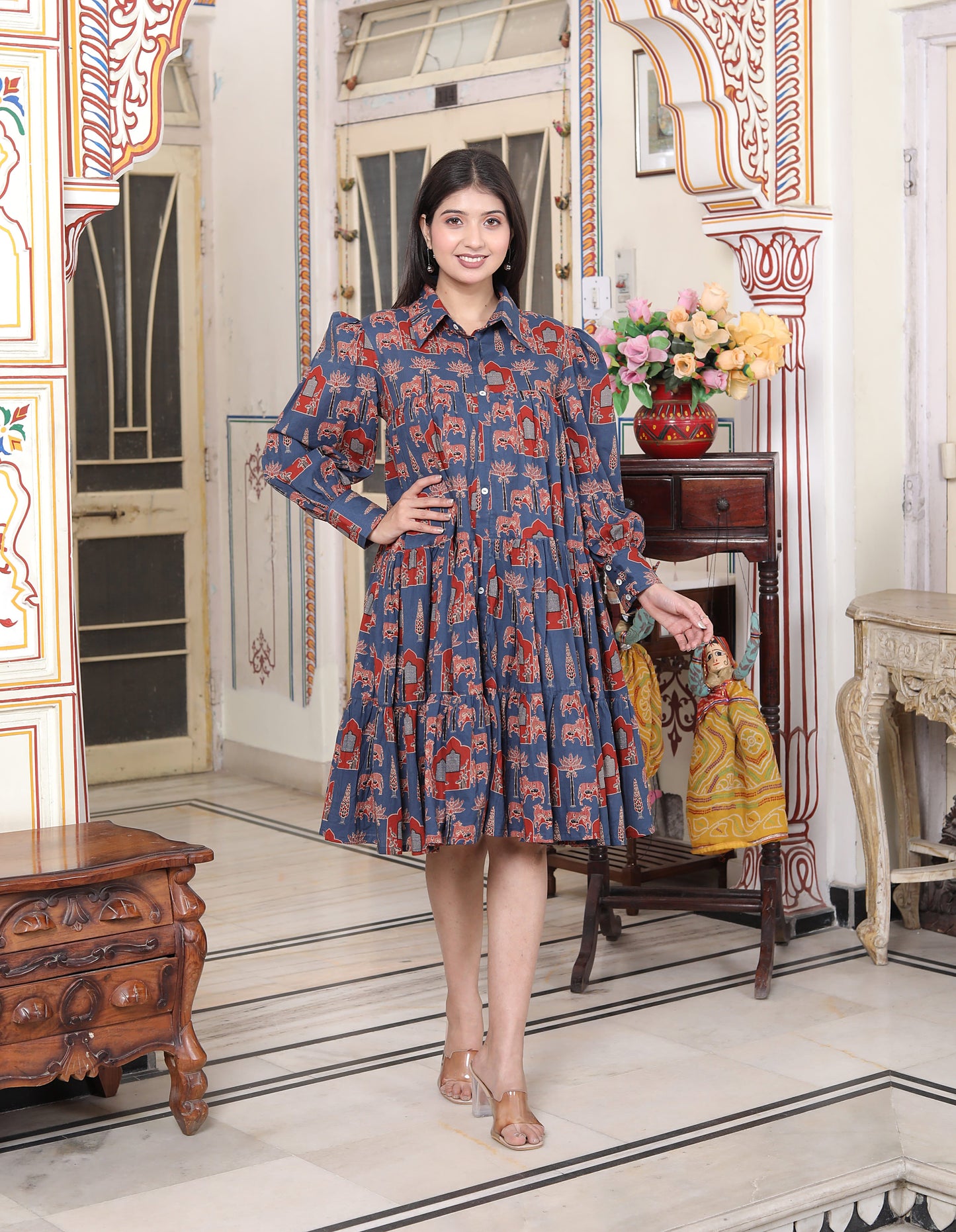 Miravan Womens Blue And Red Animal Print Loose Fit Tiered A-Line Shirt Dress