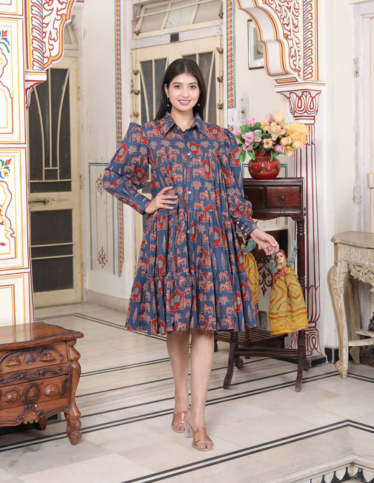 Miravan Womens Blue And Red Animal Print Loose Fit Tiered A-Line Shirt Dress