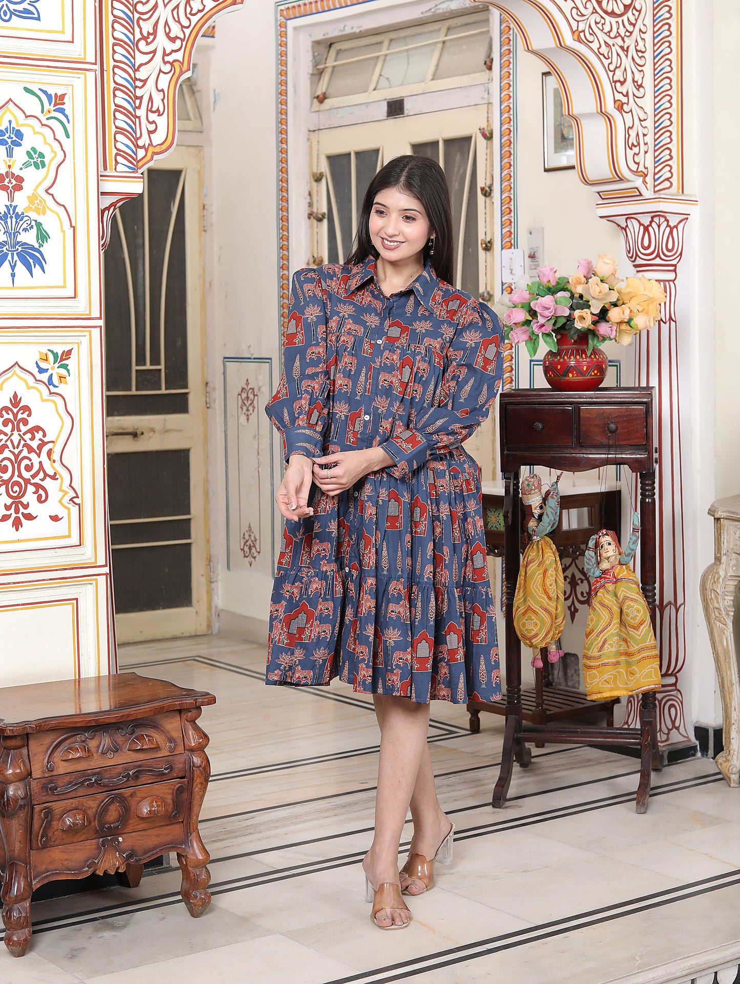 Miravan Womens Blue And Red Animal Print Loose Fit Tiered A-Line Shirt Dress