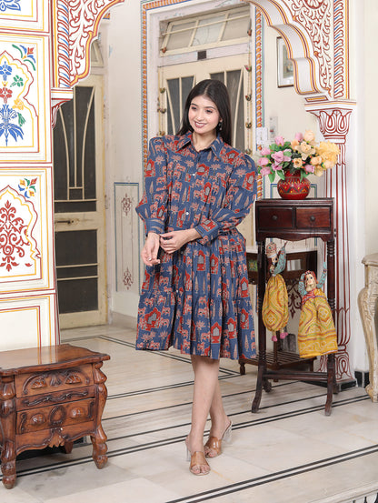 Miravan Womens Blue And Red Animal Print Loose Fit Tiered A-Line Shirt Dress