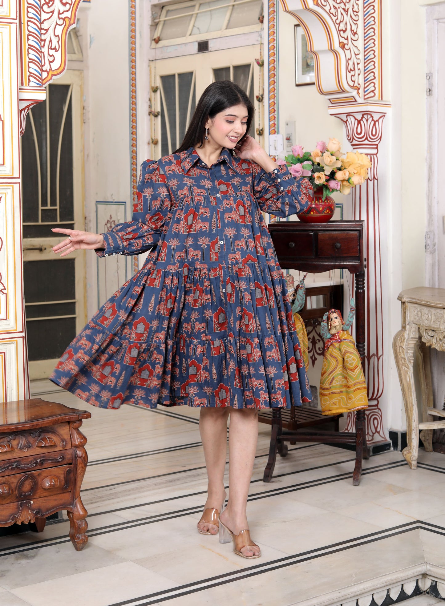 Miravan Womens Blue And Red Animal Print Loose Fit Tiered A-Line Shirt Dress