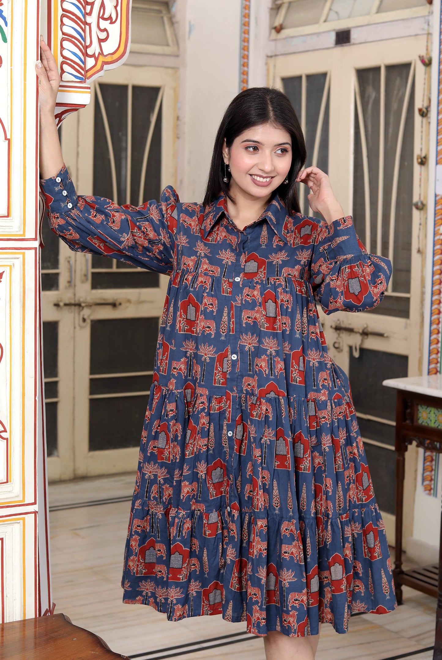 Miravan Womens Blue And Red Animal Print Loose Fit Tiered A-Line Shirt Dress