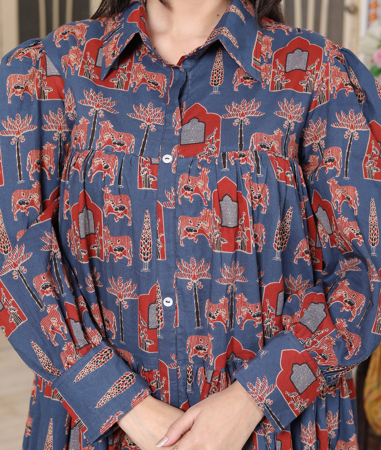 Miravan Womens Blue And Red Animal Print Loose Fit Tiered A-Line Shirt Dress