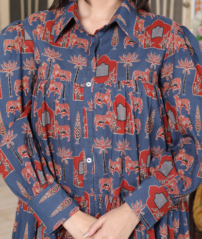 Miravan Womens Blue And Red Animal Print Loose Fit Tiered A-Line Shirt Dress