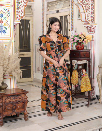 Miravan Womens Pure Cotton Black Puff Sleeve Floral printed Butterfly Maxi Dress