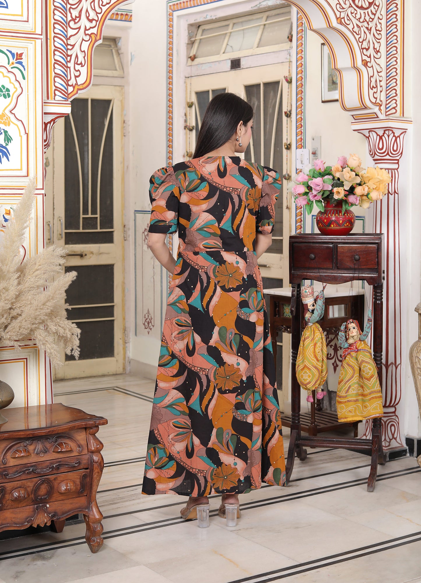 Miravan Womens Pure Cotton Black Puff Sleeve Floral printed Butterfly Maxi Dress