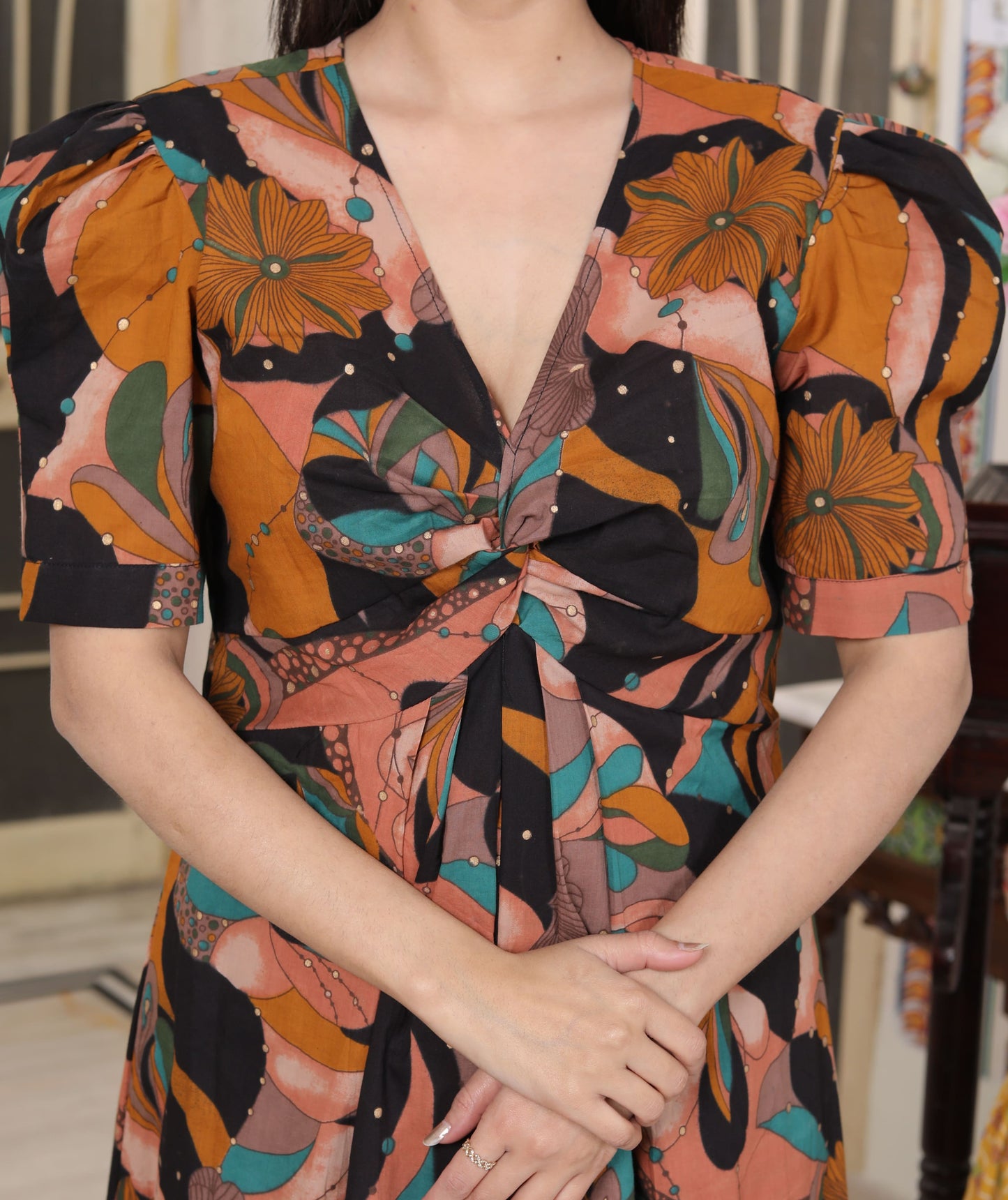 Miravan Womens Pure Cotton Black Puff Sleeve Floral printed Butterfly Maxi Dress