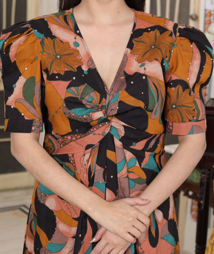 Miravan Womens Pure Cotton Black Puff Sleeve Floral printed Butterfly Maxi Dress