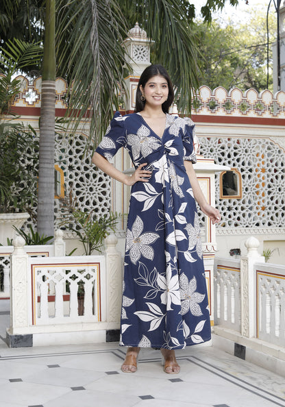 Miravan Womens Blue Flower Printed Puff Sleeve Pure Cotton Fit V Neck Butterfly Maxi Dress