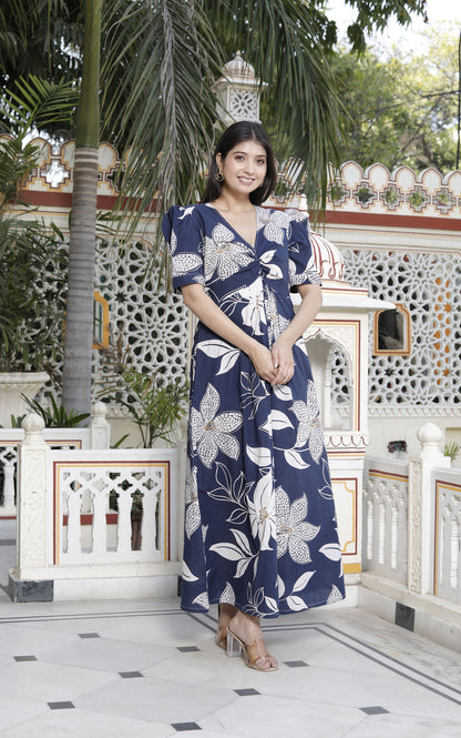 Miravan Womens Blue Flower Printed Puff Sleeve Pure Cotton Fit V Neck Butterfly Maxi Dress