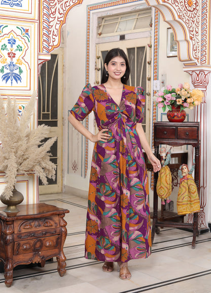 Miravan Womens Floral Print Puff Sleeve Pure Cotton Fit Flare Magenta Butterfly Maxi Dress