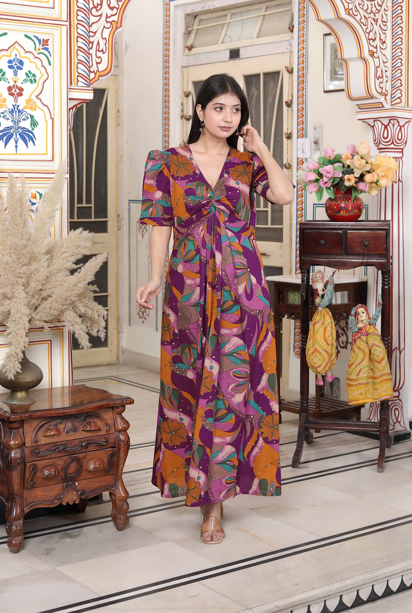 Miravan Womens Floral Print Puff Sleeve Pure Cotton Fit Flare Magenta Butterfly Maxi Dress