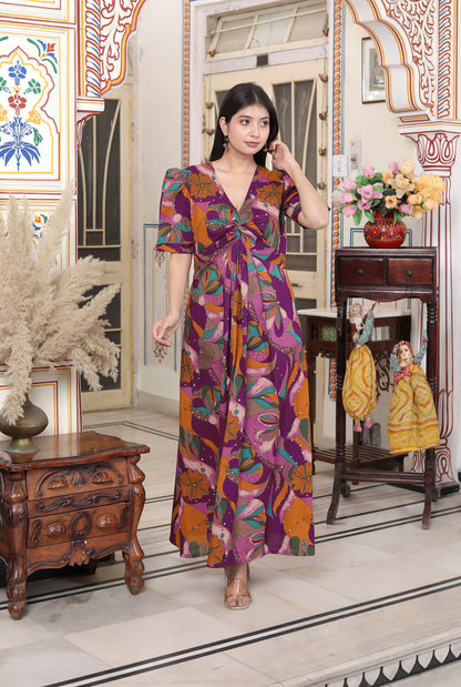 Miravan Womens Floral Print Puff Sleeve Pure Cotton Fit Flare Magenta Butterfly Maxi Dress