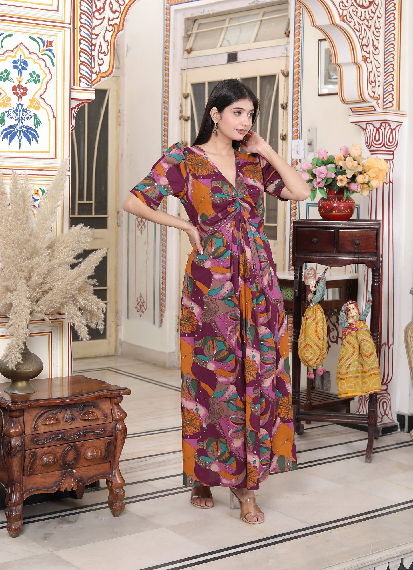 Miravan Womens Floral Print Puff Sleeve Pure Cotton Fit Flare Magenta Butterfly Maxi Dress