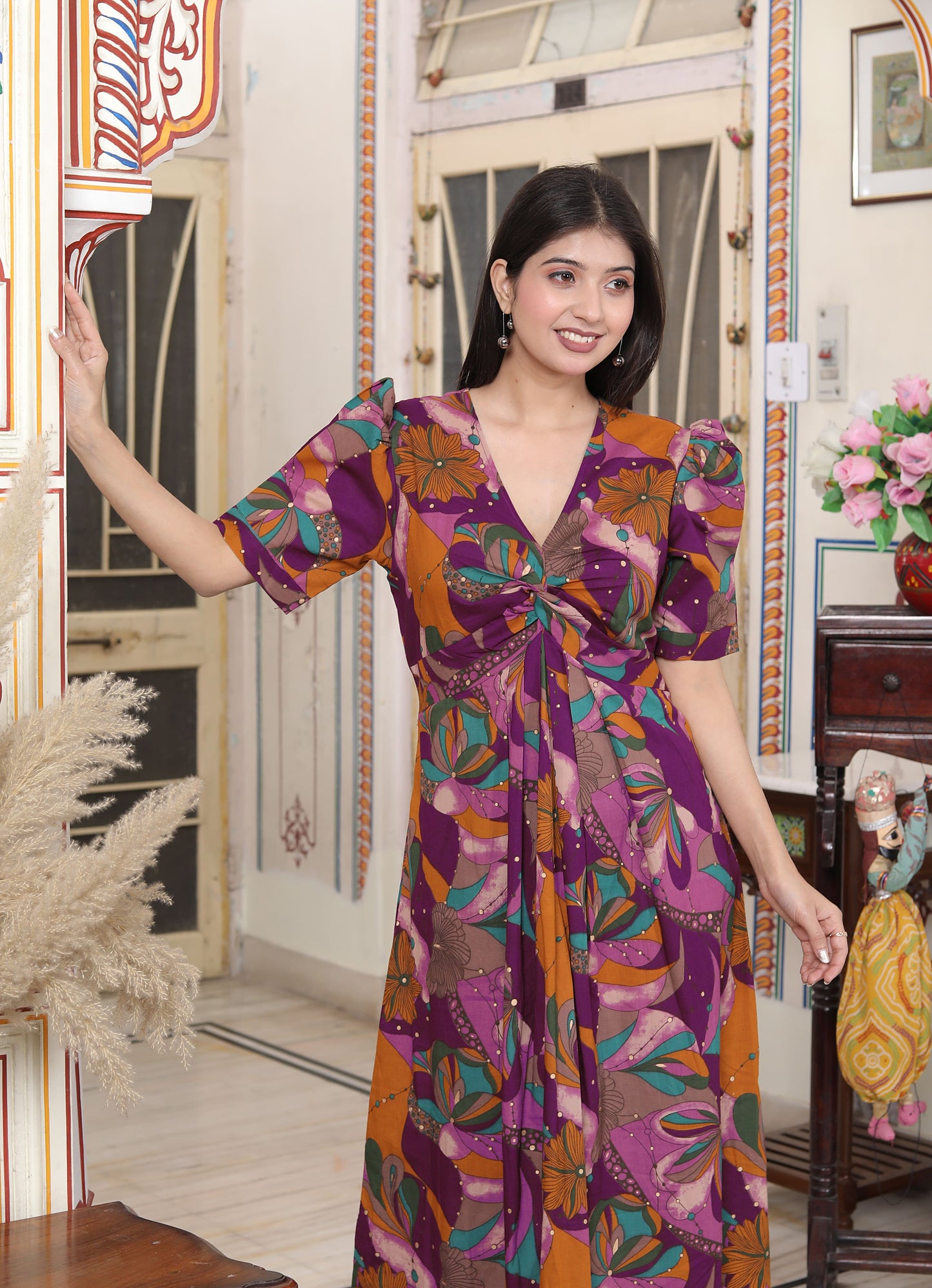 Miravan Womens Floral Print Puff Sleeve Pure Cotton Fit Flare Magenta Butterfly Maxi Dress