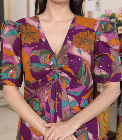 Miravan Womens Floral Print Puff Sleeve Pure Cotton Fit Flare Magenta Butterfly Maxi Dress