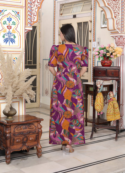 Miravan Womens Floral Print Puff Sleeve Pure Cotton Fit Flare Magenta Butterfly Maxi Dress