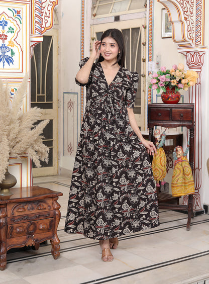 Miravan Womens Multicolored Pleated Puff Sleeve Floral Pure Cotton Butterfly Maxi Dress