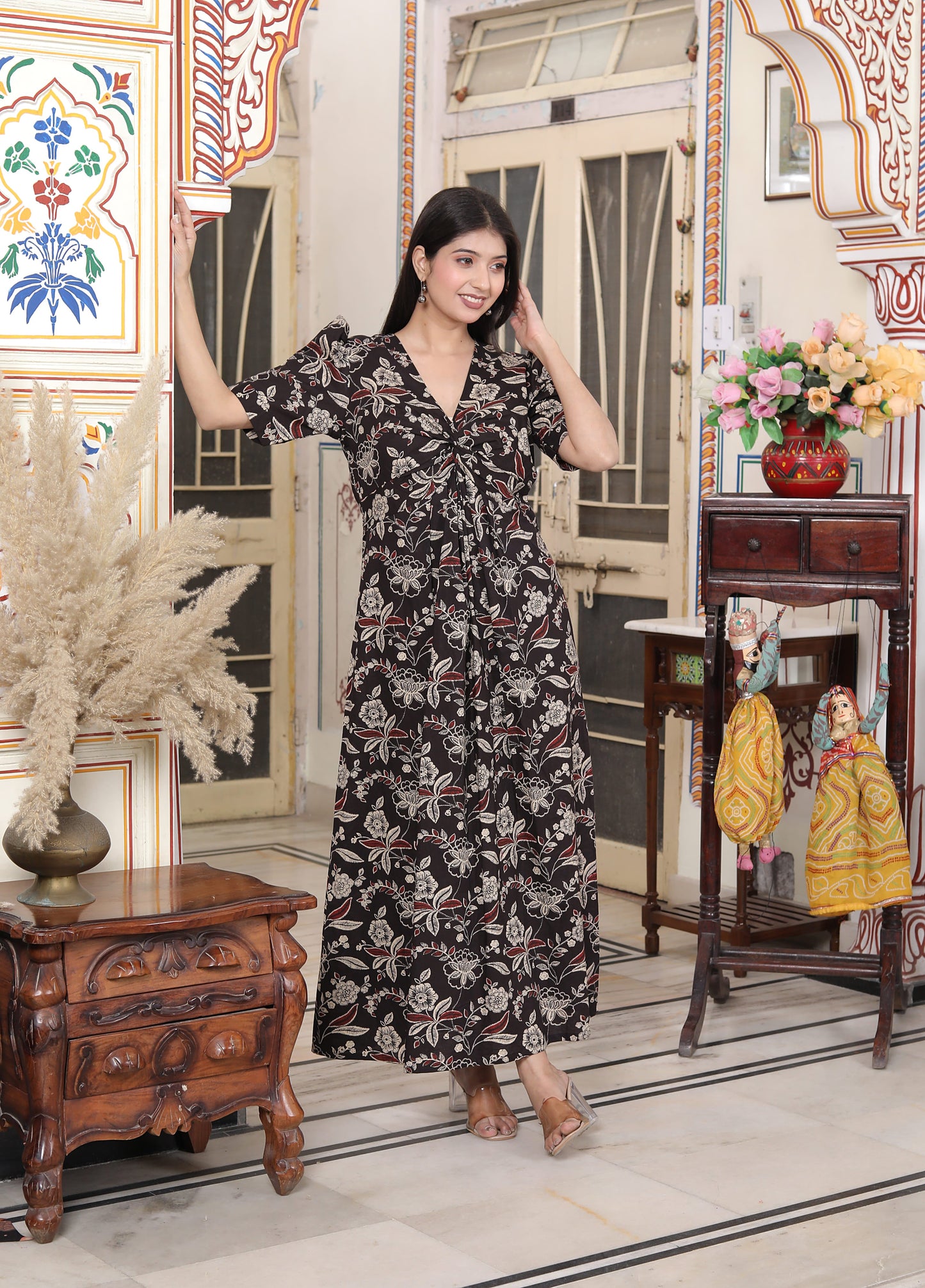 Miravan Womens Multicolored Pleated Puff Sleeve Floral Pure Cotton Butterfly Maxi Dress