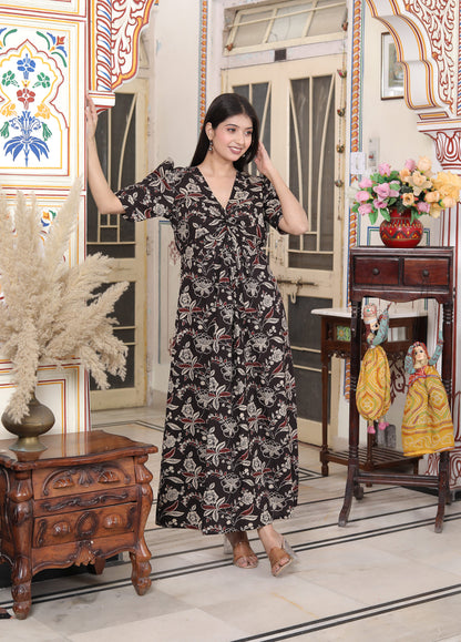 Miravan Womens Multicolored Pleated Puff Sleeve Floral Pure Cotton Butterfly Maxi Dress