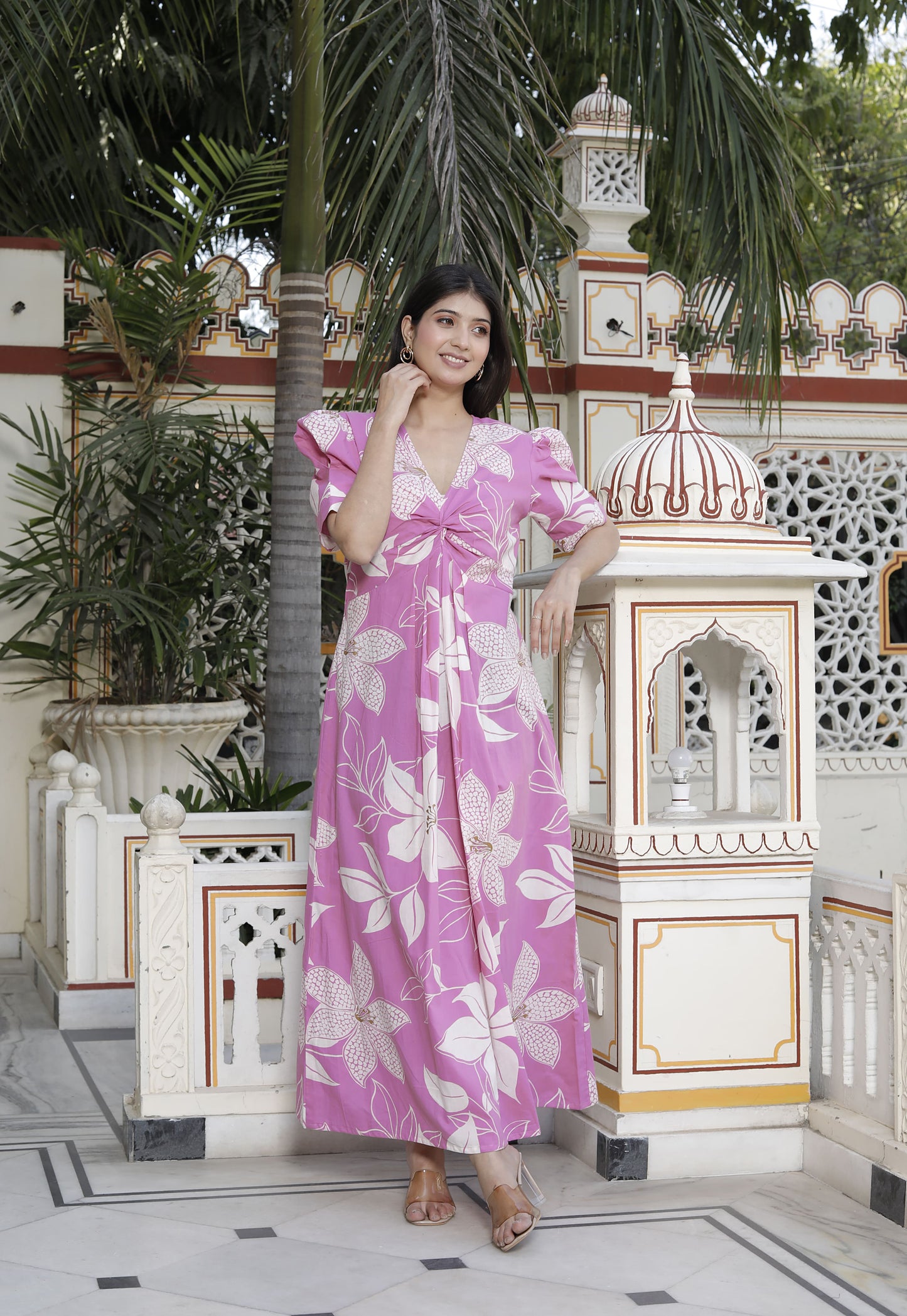 Miravan Womens Pink Floral Print Puff Sleeve Pure Cotton Fit Flare Butterfly Maxi Dress