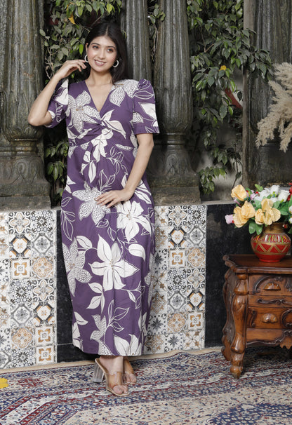 Miravan Womens Purple Pleated Puff Sleeve Floral Pure Cotton Butterfly Middi Dress