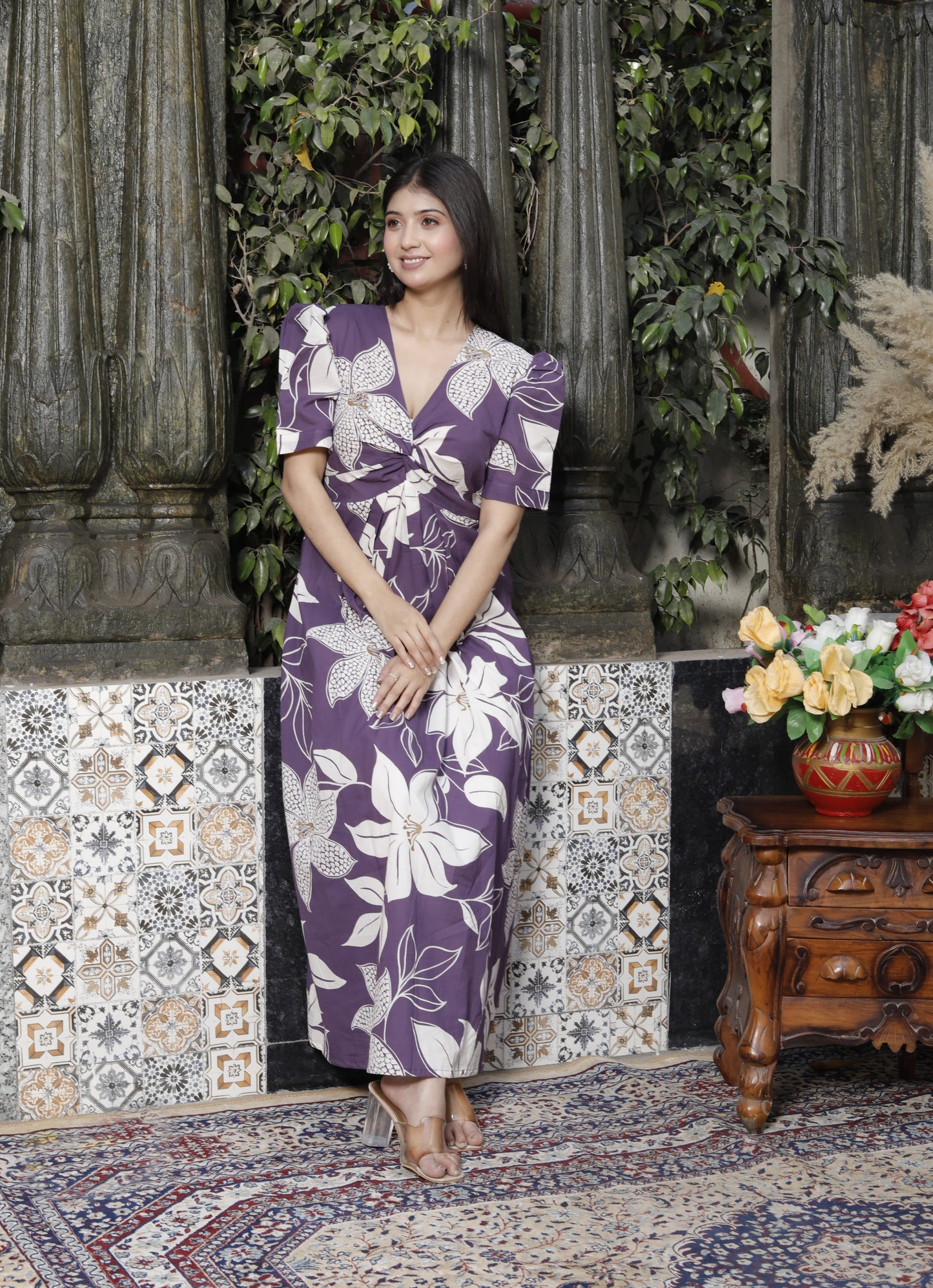 Miravan Womens Purple Pleated Puff Sleeve Floral Pure Cotton Butterfly Middi Dress