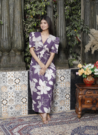 Miravan Womens Purple Pleated Puff Sleeve Floral Pure Cotton Butterfly Middi Dress