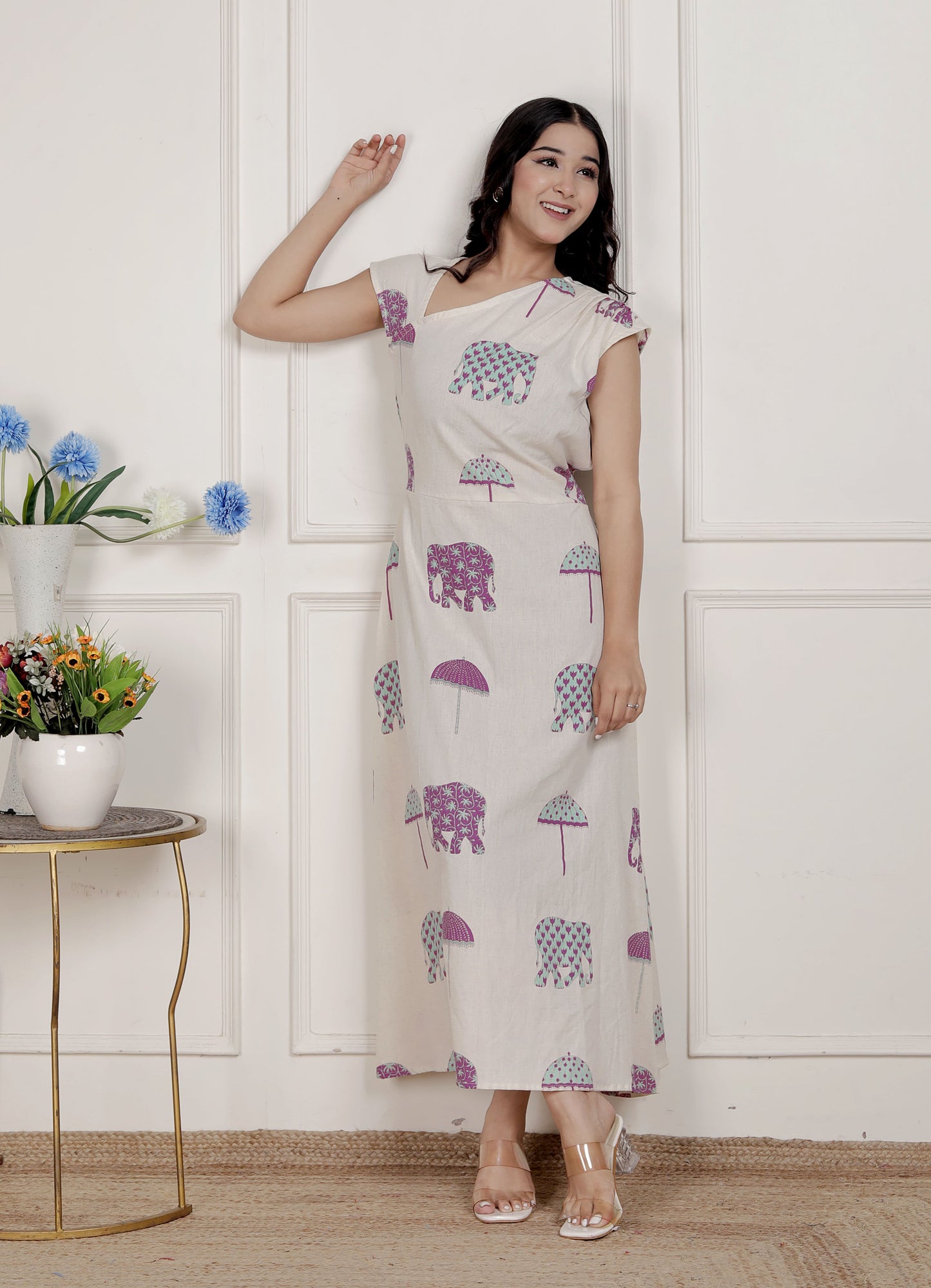 Miravan Womens Off-White Animal printed Asymmetric neck A-line Maxi dress