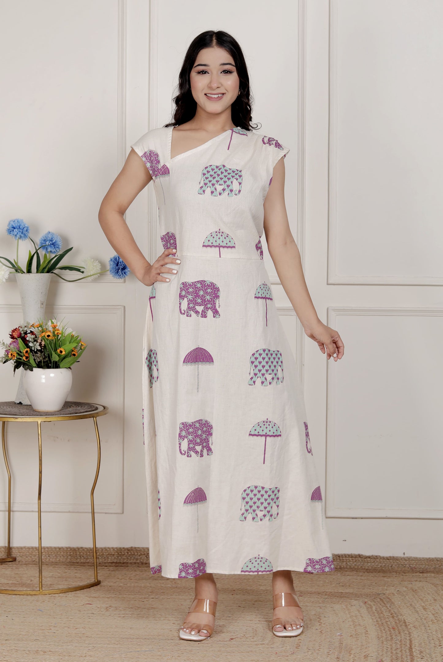 Miravan Womens Off-White Animal printed Asymmetric neck A-line Maxi dress