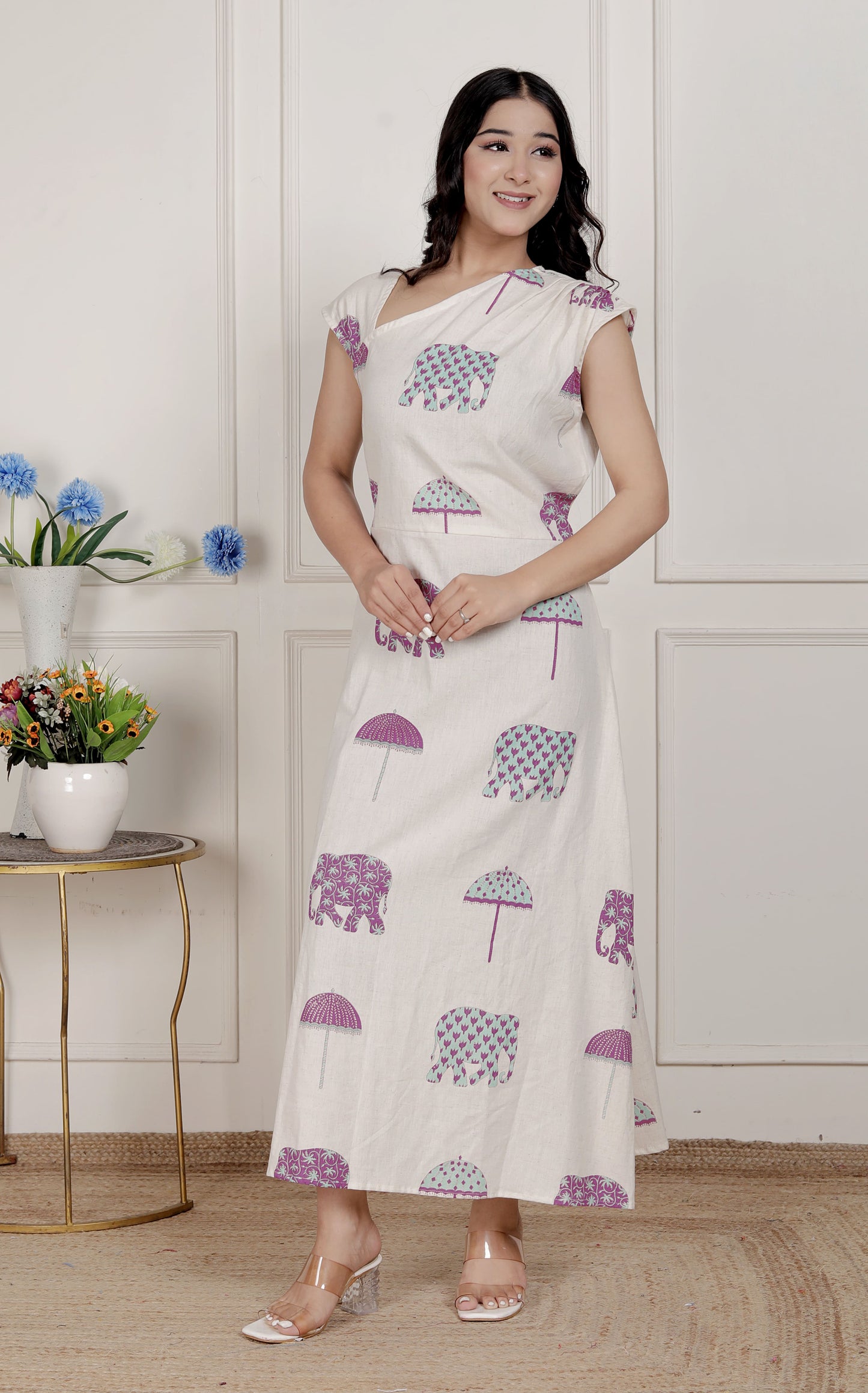 Miravan Womens Off-White Animal printed Asymmetric neck A-line Maxi dress