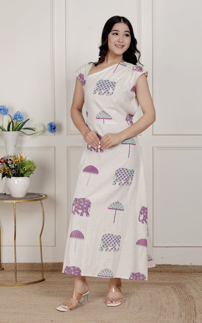 Miravan Womens Off-White Animal printed Asymmetric neck A-line Maxi dress