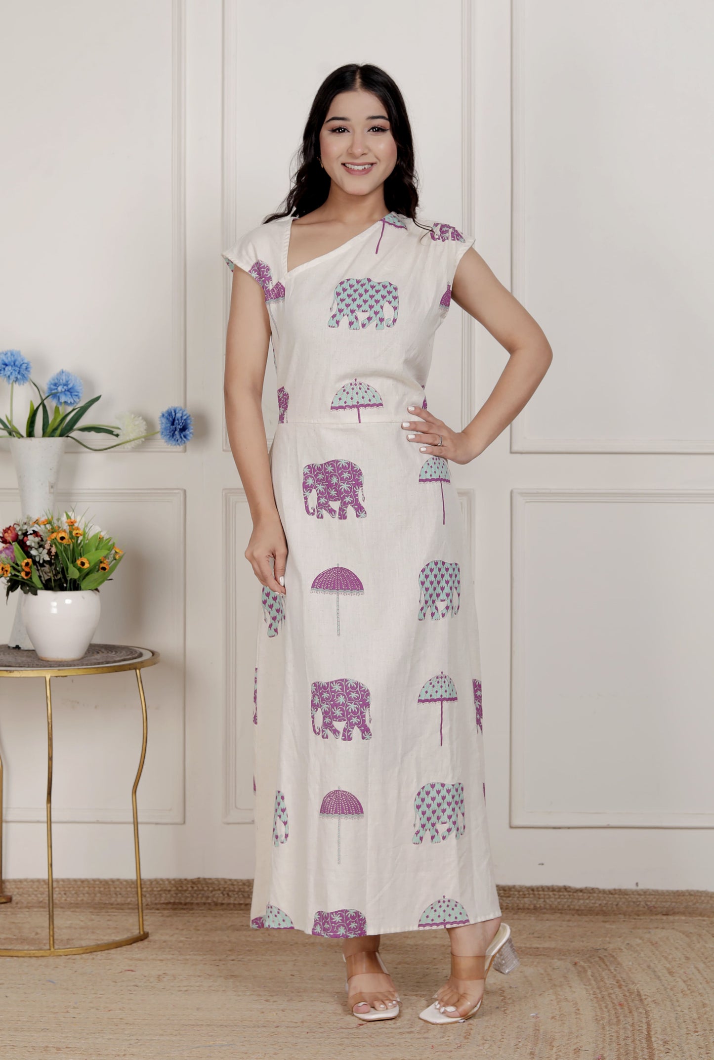 Miravan Womens Off-White Animal printed Asymmetric neck A-line Maxi dress