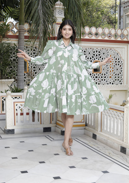 Miravan Womens Pure Cotton Green Long Puff Sleeve Gathered Tiered Loose Fit A-Line Dress