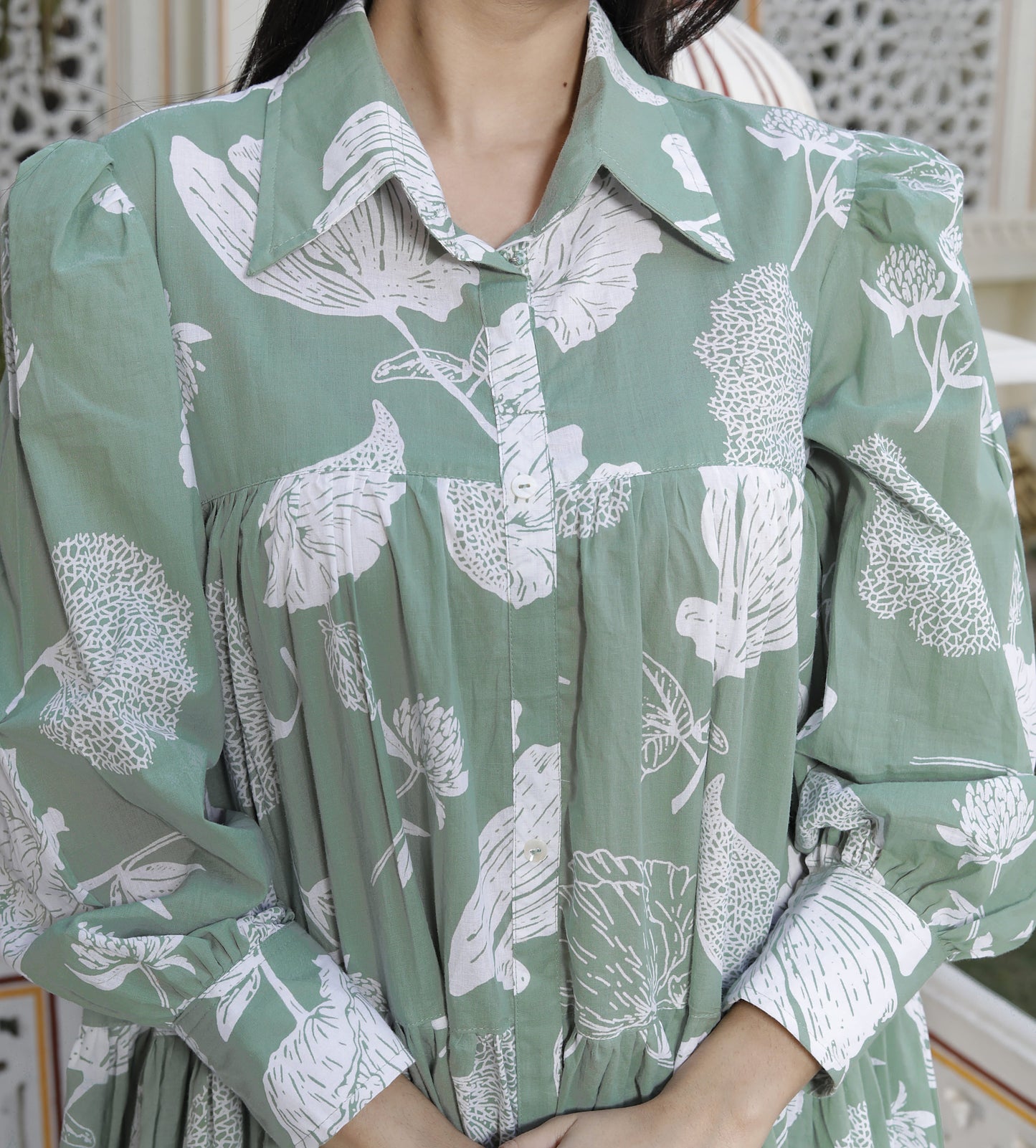 Miravan Womens Pure Cotton Green Long Puff Sleeve Gathered Tiered Loose Fit A-Line Dress