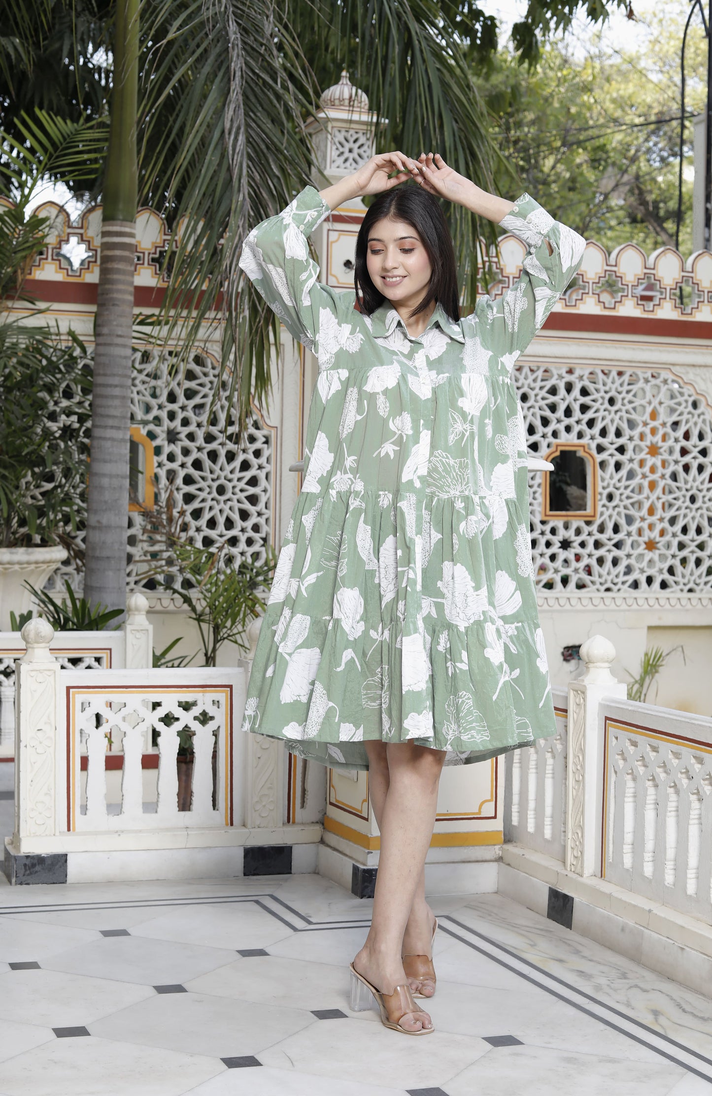 Miravan Womens Pure Cotton Green Long Puff Sleeve Gathered Tiered Loose Fit A-Line Dress