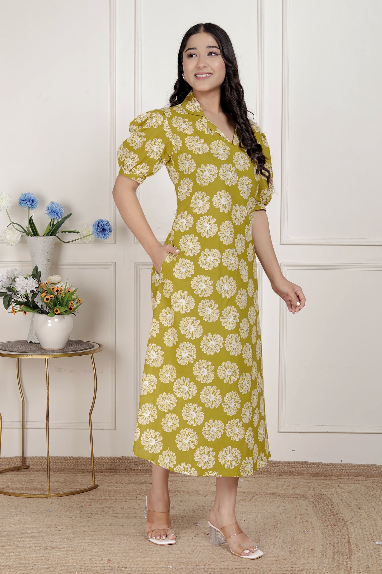 Miravan Women's Yellow Printed Puff Sleeve Floral  Maxi Party Dress