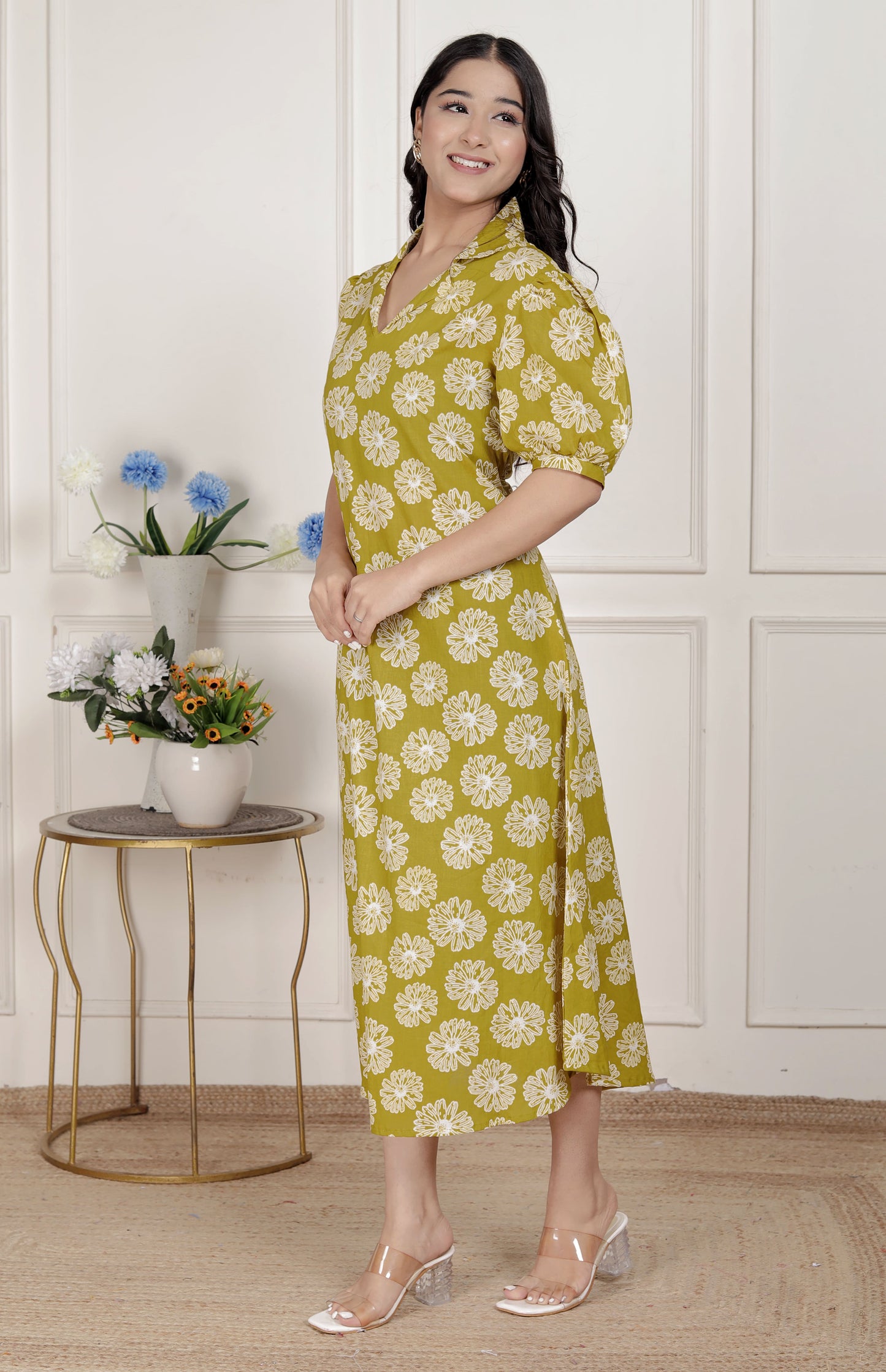 Miravan Women's Yellow Printed Puff Sleeve Floral  Maxi Party Dress