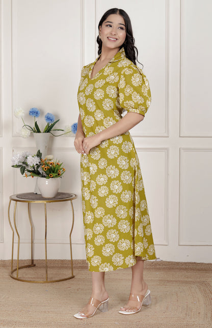 Miravan Women's Yellow Printed Puff Sleeve Floral  Maxi Party Dress
