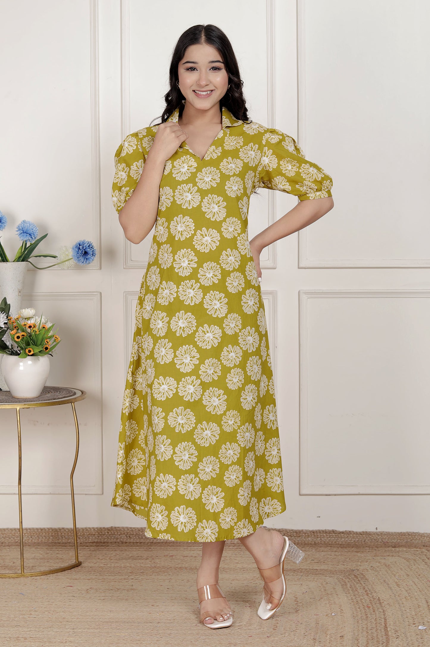 Miravan Women's Yellow Printed Puff Sleeve Floral  Maxi Party Dress