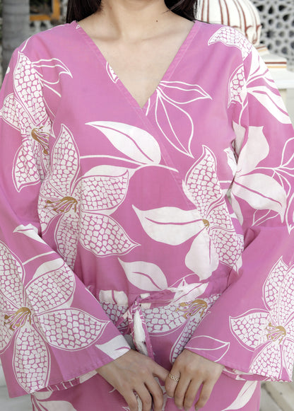 Miravan Womens Pure Cotton Floral Printed Pink V-Neck Waist Tie-Up Playsuit