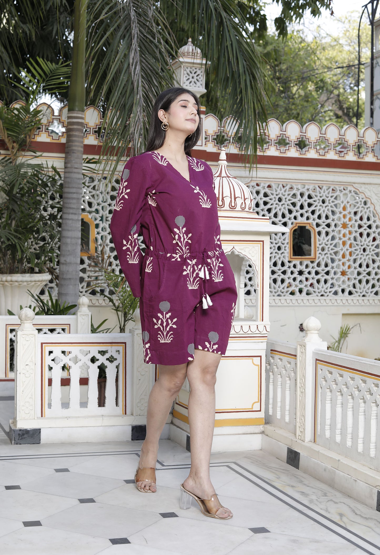 Miravan Womens Pure Cotton Wine Floral Printed Long Sleeves Waist Tie-Up Playsuit