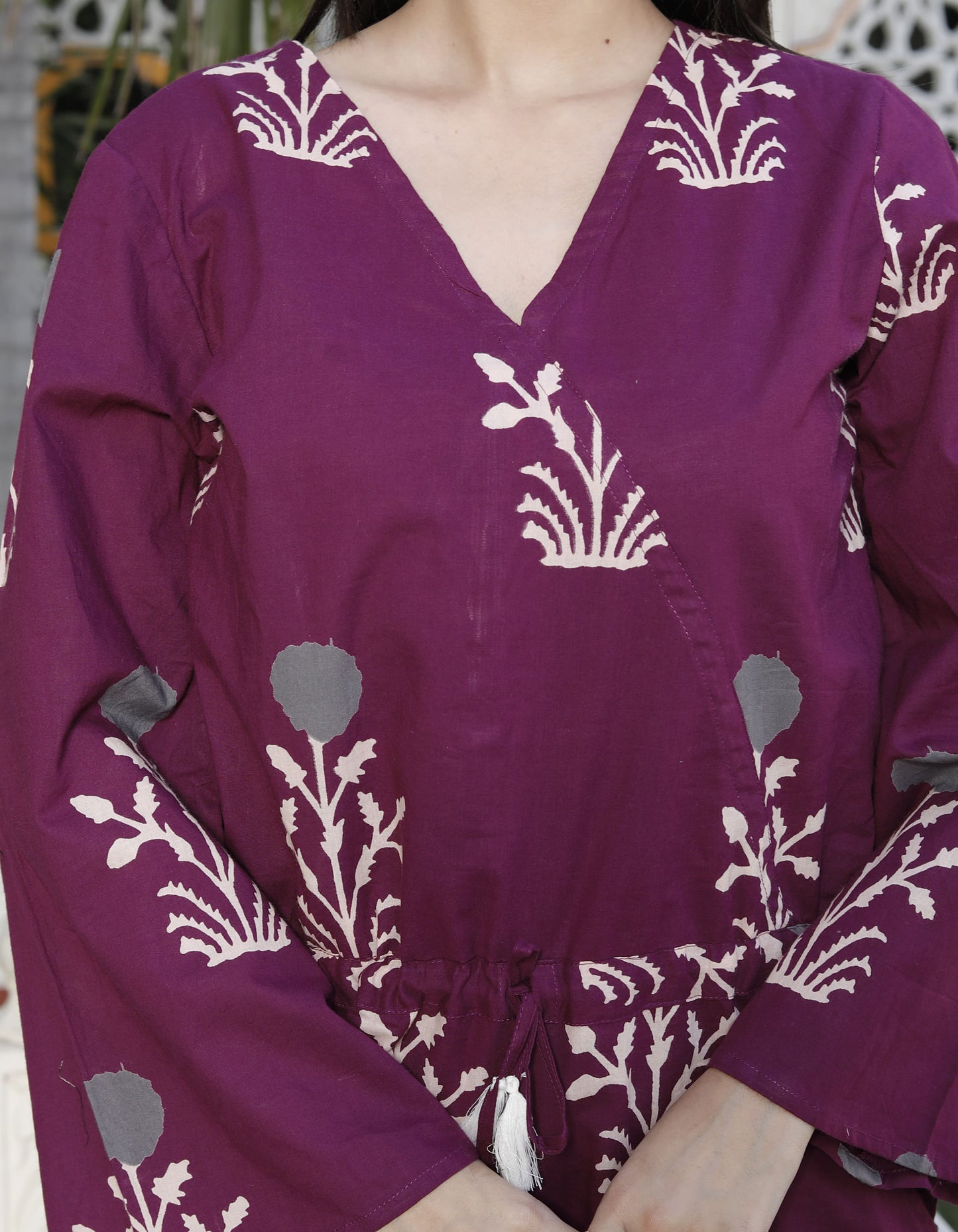 Miravan Womens Pure Cotton Wine Floral Printed Long Sleeves Waist Tie-Up Playsuit