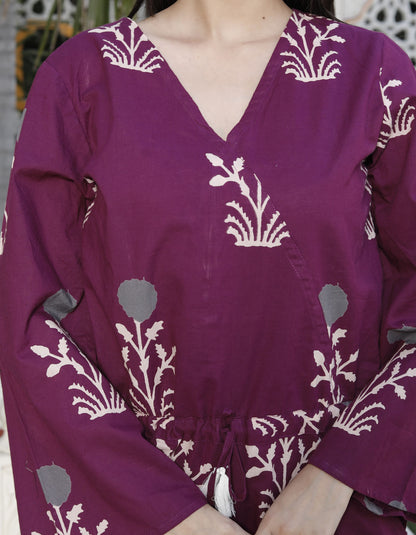 Miravan Womens Pure Cotton Wine Floral Printed Long Sleeves Waist Tie-Up Playsuit