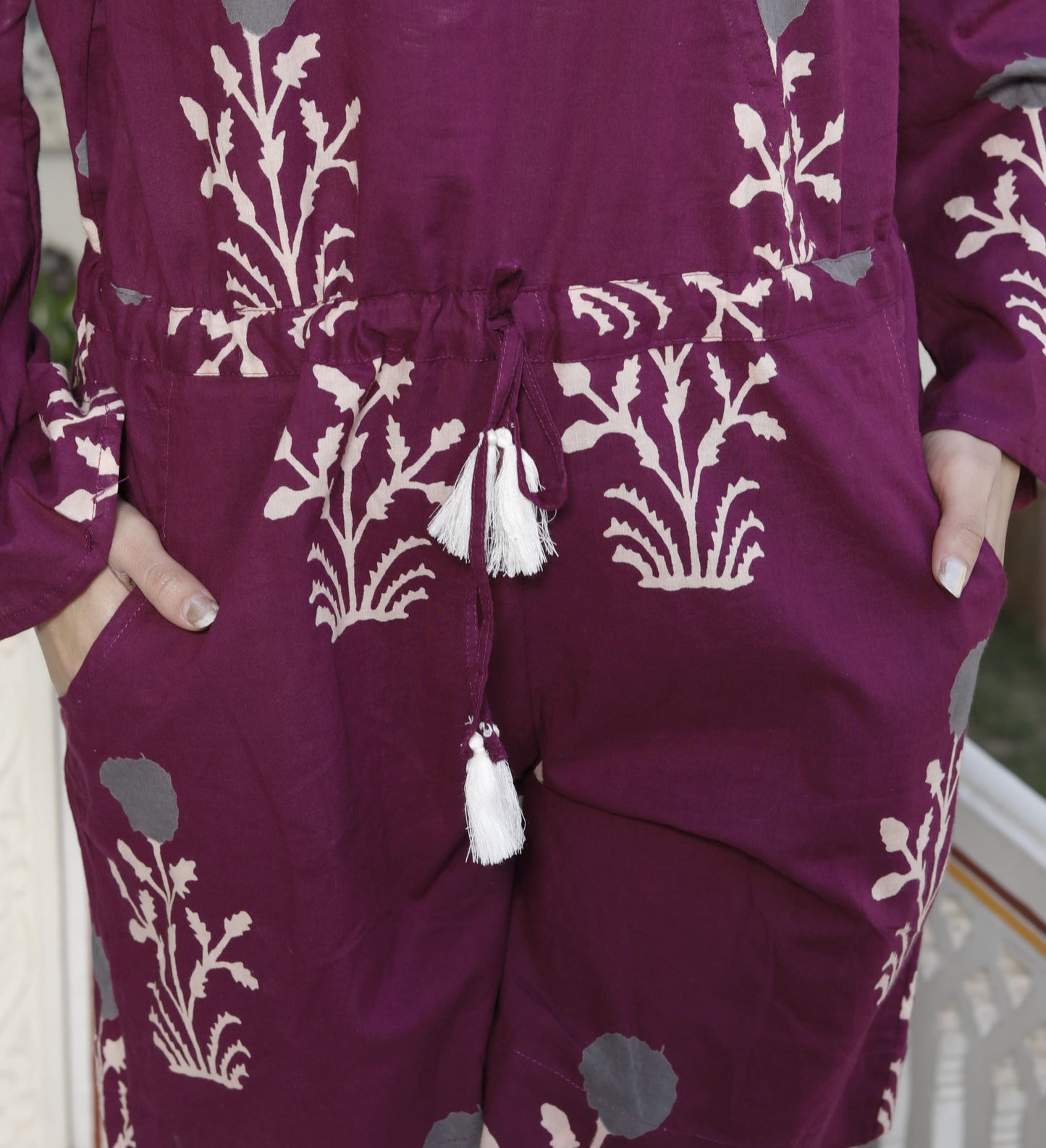 Miravan Womens Pure Cotton Wine Floral Printed Long Sleeves Waist Tie-Up Playsuit