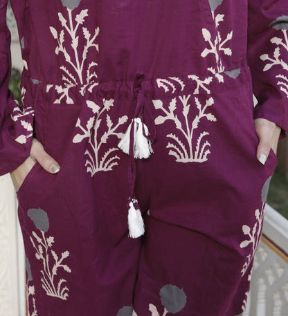 Miravan Womens Pure Cotton Wine Floral Printed Long Sleeves Waist Tie-Up Playsuit